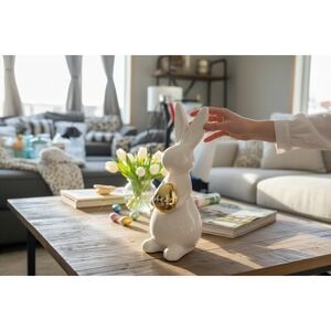 Marshalls Ceramic Easter Bunny Figurine OS White NWOT Gold Egg Decor